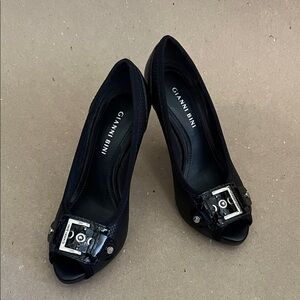 Gianni Bini Black Peep-Toe Heels with Silver Buckle